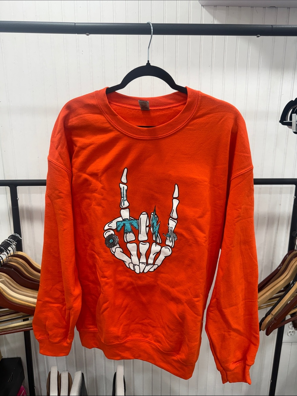 Never worn Orange Graphic Skeleton-Hand Sweatshirt - Boutique brand Sz Large